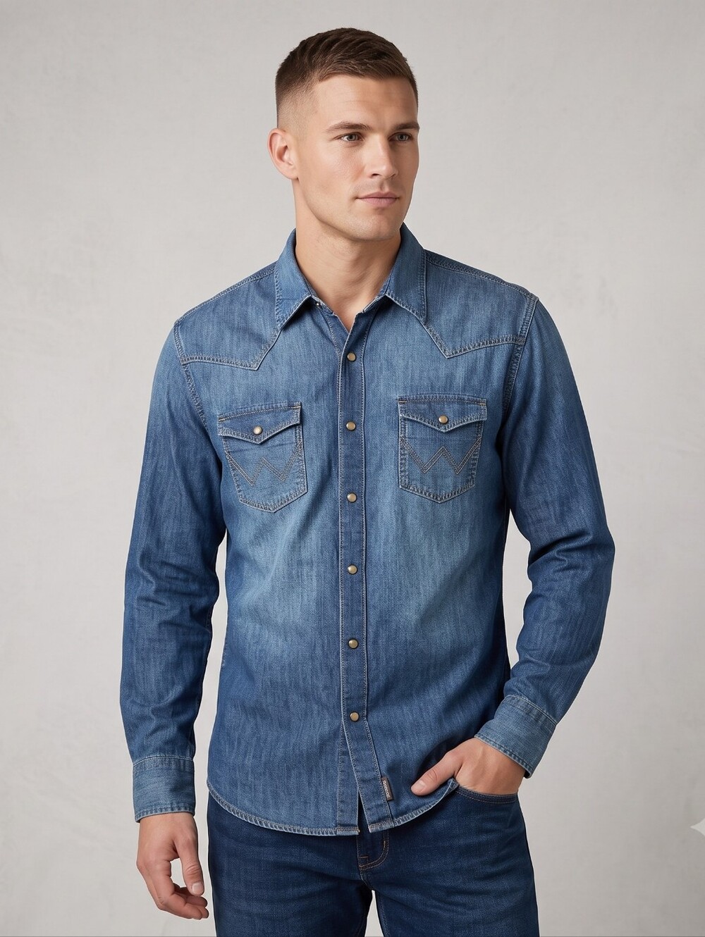 Wrangler Retro Premium Mens Blue Denim Pearl Snap Western Shirt Size XL